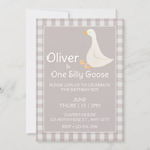 One Silly Goose Beige Gingham First Birthday Party Invitation