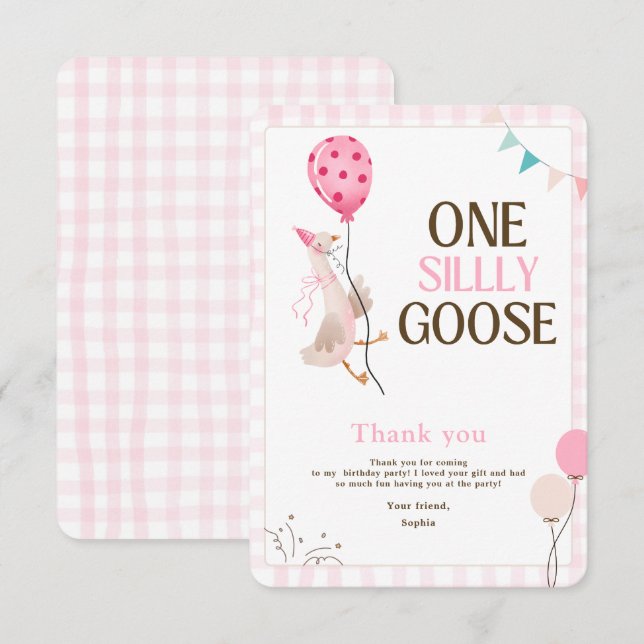 One Silly Goose Birthday, 1st Birthday Girl Pink Thank You Card (Front/Back)