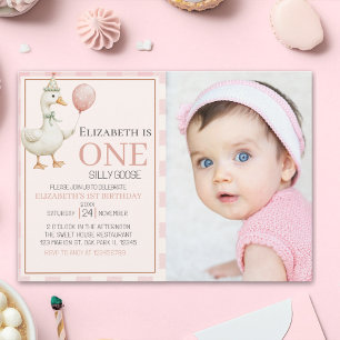 One Silly Goose Birthday 1st for Girl Photo Invitation