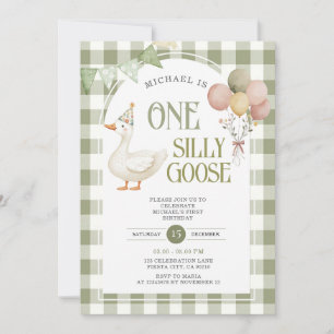 One Silly Goose Birthday Balloon Green Gingham  Invitation