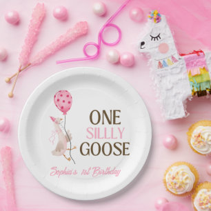 One Silly Goose Birthday, Girl 1st Birthday Pink Paper Plate