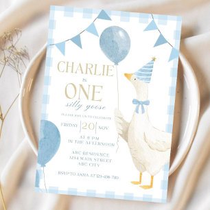 One Silly Goose Birthday Invitation Blue Gingham 