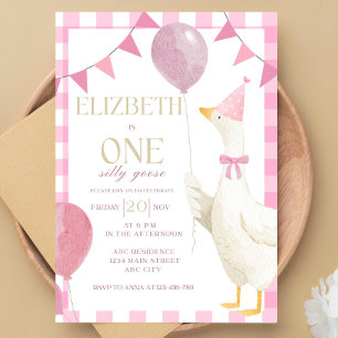 One Silly Goose Birthday Invitation Pink Gingham 