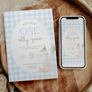 One Silly Goose Birthday Invite Blue Gingham