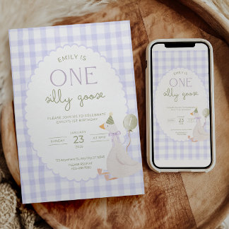 One Silly Goose Birthday Invite Purple Gingham
