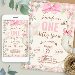 One Silly Goose Birthday Pink Gingham Invitation