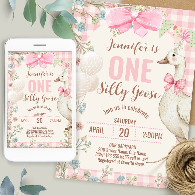 One Silly Goose Birthday Pink Gingham  Invitation (Creator Uploaded)