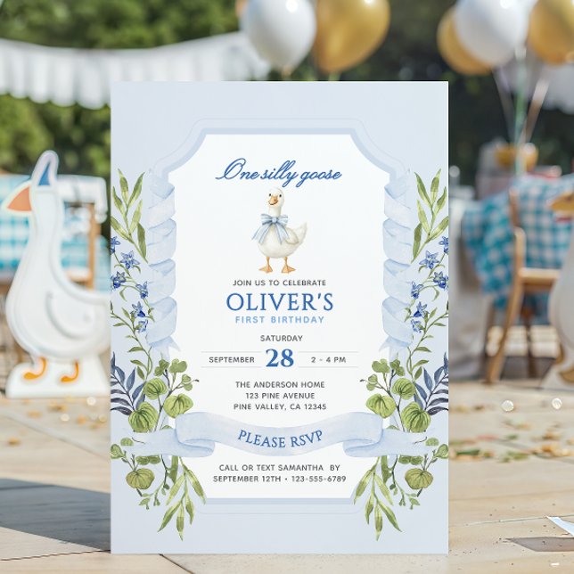 One Silly Goose Blue 1st Birthday Invitation (Creator Uploaded)
