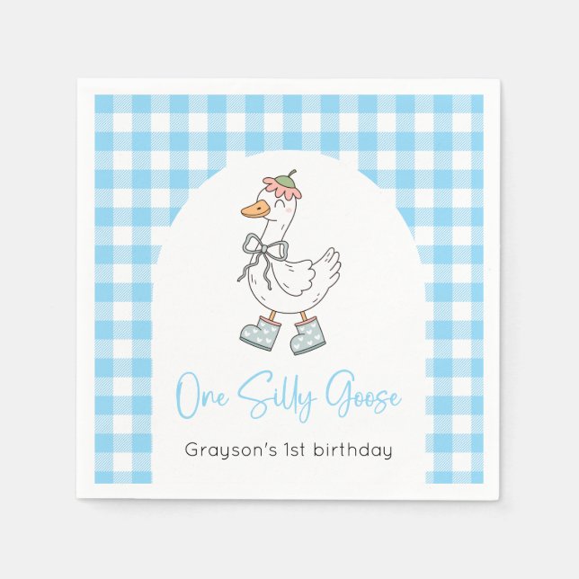 One Silly Goose Blue 1st Birthday Napkin (Front)