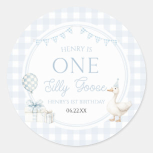 ONE Silly Goose Blue 1st Birthday Party Classic Round Sticker