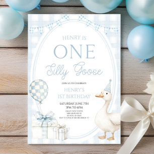 ONE Silly Goose Blue 1st Birthday Party Invitation