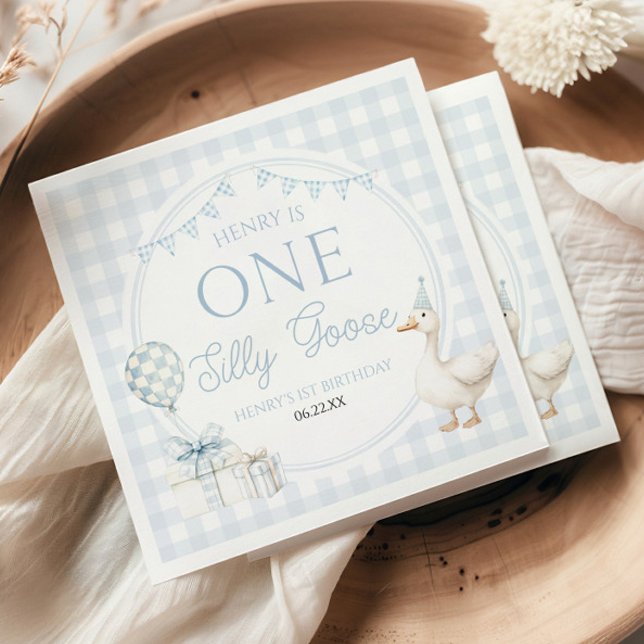 ONE Silly Goose Blue 1st Birthday Party Napkin (Creator Uploaded)