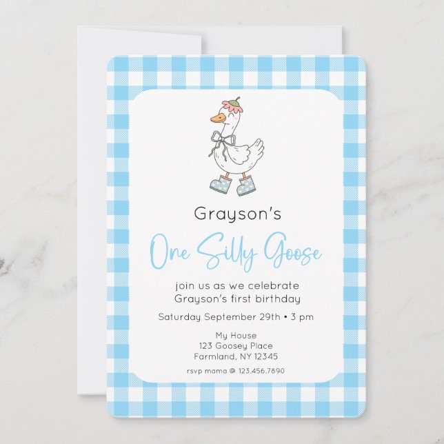 One Silly Goose Blue 1st Birthday Photo Invitation (Front)