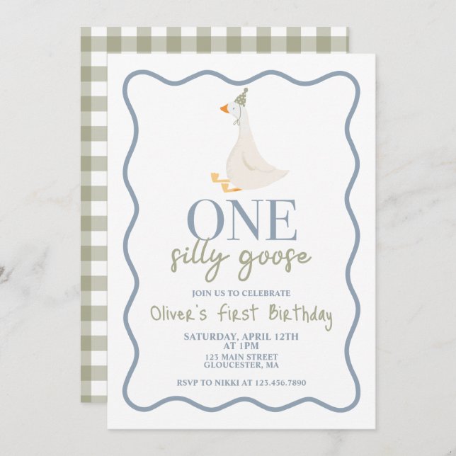 One Silly Goose blue and green Invitation (Front/Back)