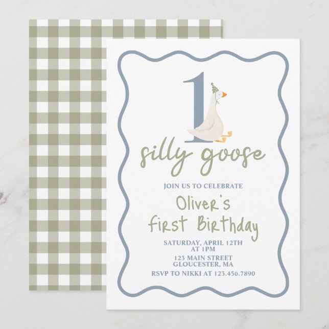 One Silly Goose blue and green Invitation (Front/Back)