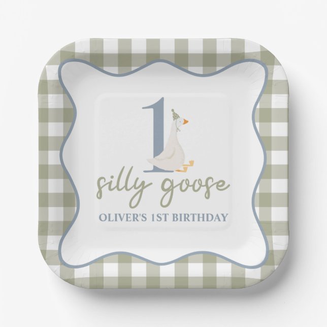 One Silly Goose blue and green Paper Plate (Front)