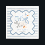 One Silly Goose Blue Bow 1st Birthday Napkin<br><div class="desc">Get ready to celebrate your little one’s first birthday with the One Silly Goose 1st Birthday Suite! This charming suite features an adorable goose wearing a cute pink bow, surrounded by a retro-inspired frame on a pink and white striped background. It’s perfect for capturing all those joyful moments! CUSTOMIZATION: If...</div>