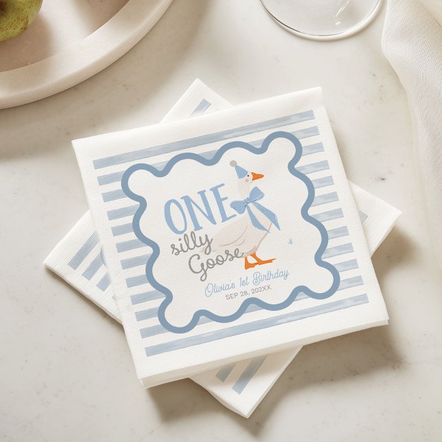 One Silly Goose Blue Bow 1st Birthday Napkin (Creator Uploaded)