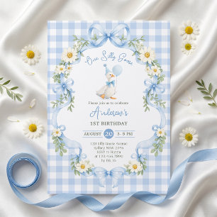 One Silly Goose Blue Bow Birthday Invitation