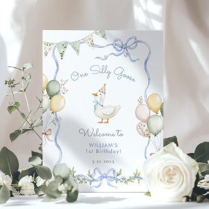 One Silly Goose Blue bow Boy 1st Birthday Welcome Poster