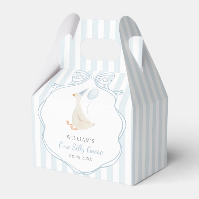 One Silly Goose Blue Bow First Birthday Favour Box (Front Side)