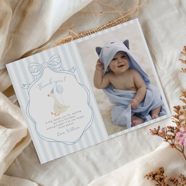 One Silly Goose Blue Bow First Birthday Photo Thank You Card (Creator Uploaded)
