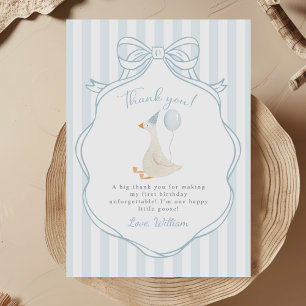 One Silly Goose Blue Bow First Birthday Thank You Card