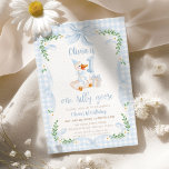 One Silly Goose Blue Bow Floral 1st Birthday Invitation<br><div class="desc">Get ready to celebrate your little one’s first birthday with the One Silly Goose 1st Birthday Suite! This charming suite features an adorable goose wearing a cute blue bow, surrounded by sweet daisy flowers and cheerful greenery. All this cuteness comes together against a fun blue-checkered watercolor backdrop, making it perfect...</div>