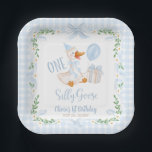One Silly Goose Blue Bow Floral 1st Birthday Paper Plate<br><div class="desc">Get ready to celebrate your little one’s first birthday with the One Silly Goose 1st Birthday Suite! This charming suite features an adorable goose wearing a cute blue bow, surrounded by sweet daisy flowers and cheerful greenery. All this cuteness comes together against a fun blue-checkered watercolor backdrop, making it perfect...</div>