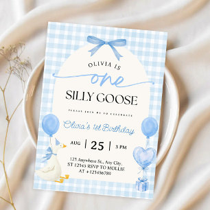 One Silly Goose Blue Bow Gingham 1st Birthday Invitation