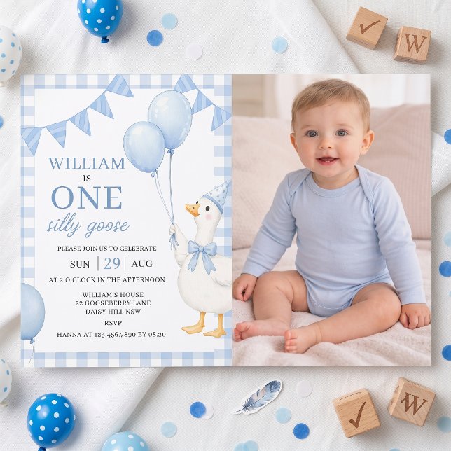 One Silly Goose Blue Boy 1st Birthday Invitation (Creator Uploaded)