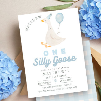 One Silly Goose Blue Boy 1st Birthday Invitation