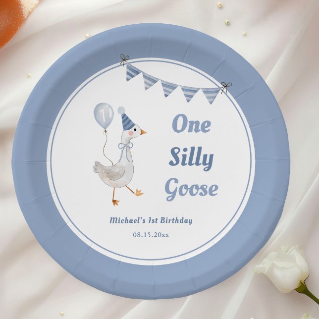One Silly Goose Blue Boy 1st Birthday Paper Plate (Creator Uploaded)