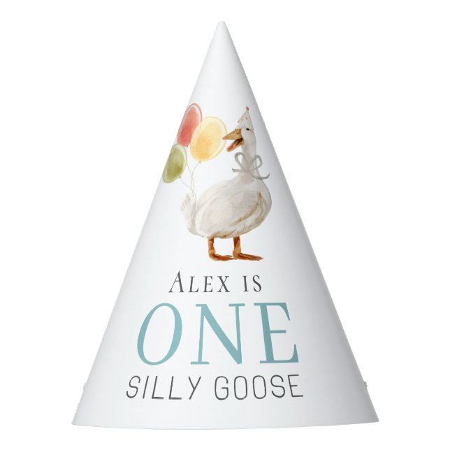 One Silly Goose Blue Boy 1st Birthday Party Hat (Front)