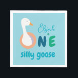One Silly Goose Blue Boy First Birthday Party   Napkin<br><div class="desc">For a baby boy's first birthday with the theme "one silly goose". The word ONE has each letter in a different colour: red, blue and green, and a white goose's head pops from the big O. The name is written in a blue script. The background is light blue. The goose...</div>