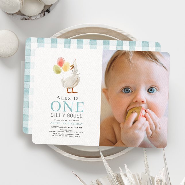 One Silly Goose Blue Boy Photo 1st Birthday Invitation (Creator Uploaded)
