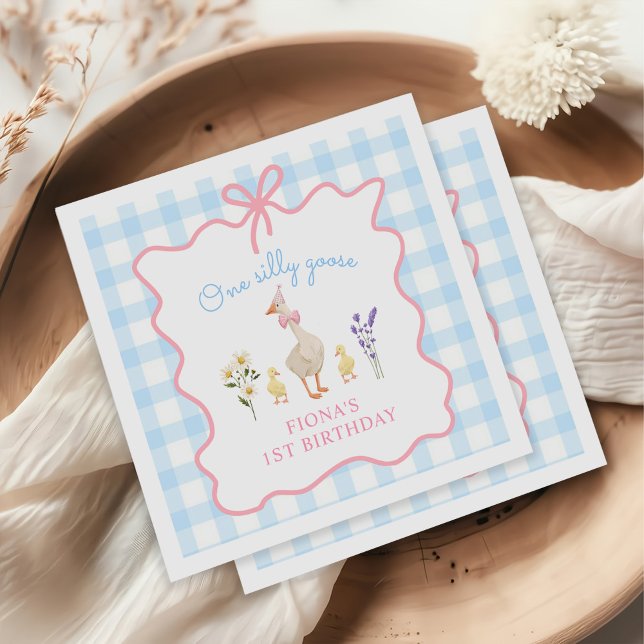 One Silly Goose Blue Gingham 1st Birthday Napkin (Creator Uploaded)