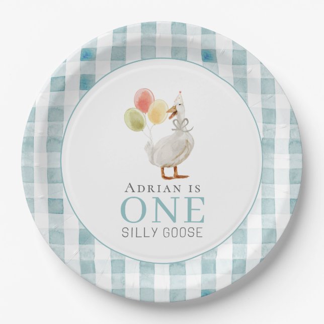 One Silly Goose Blue Gingham 1st Birthday Paper Plate (Front)