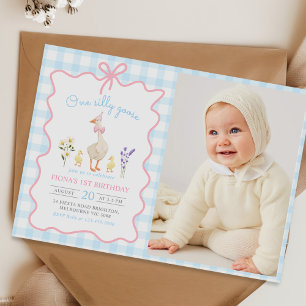 One Silly Goose Blue Gingham 1st Birthday Photo Invitation