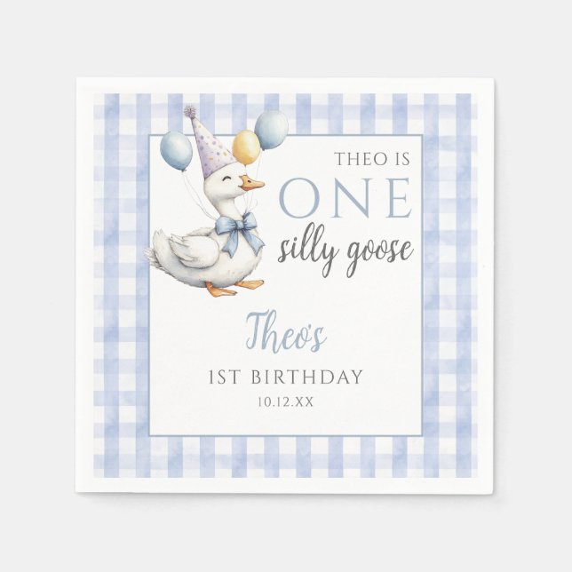One Silly Goose Blue Gingham Balloons Birthday Napkin (Front)