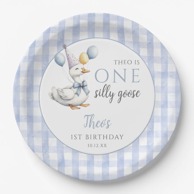 One Silly Goose Blue Gingham Balloons Birthday Paper Plate (Front)