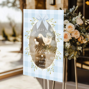 One Silly Goose Blue Gingham Birthday Welcome Acrylic Sign