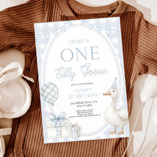 One Silly Goose Blue Gingham Boy 1st Birthday Invitation