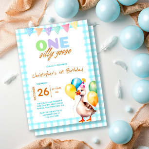 One Silly Goose Blue Gingham Boy 1st Birthday  Invitation