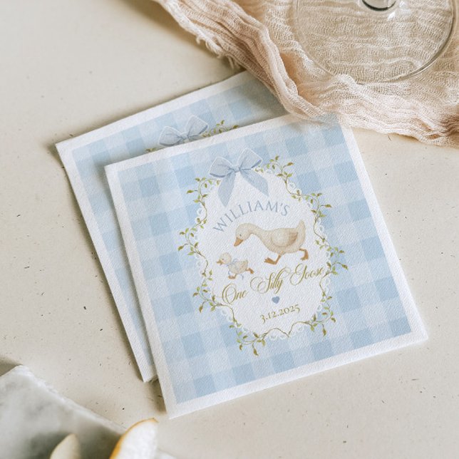One Silly Goose Blue Gingham Boy 1st Birthday Napkin (Creator Uploaded)