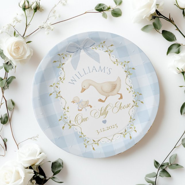 One Silly Goose Blue Gingham Boy 1st Birthday Paper Plate (Creator Uploaded)
