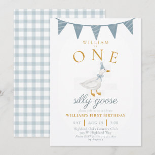 ONE Silly Goose Blue Gingham Boy First Birthday Invitation