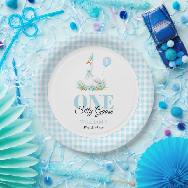 One silly goose, blue gingham boy's 1st birthday paper plate (Party)