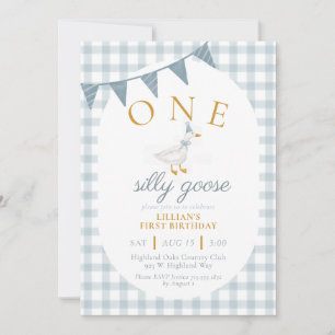 ONE Silly Goose Blue Gingham Daisy First Birthday Invitation