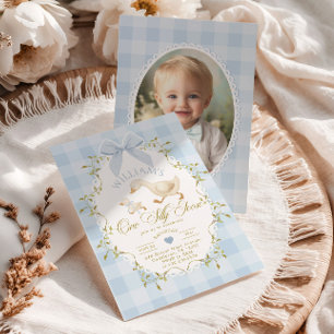 One Silly Goose Blue Gingham Photo 1st Birthday Invitation